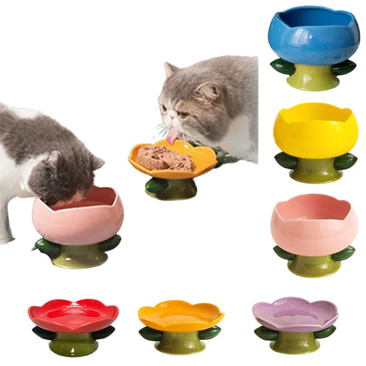 Cute Ceramic Cat Bowl High Foot Plate Non-slip Flower Shape Dog Puppy Feeder Feeding Food Water Protection Cervical Pet Supplies