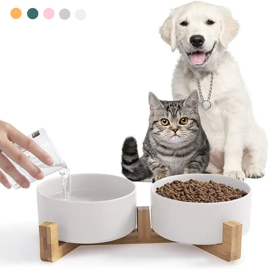 Cuenco de cerámica para gatos, cuencos para cachorros, cuencos para mascotas con soporte de madera para perros pequeños, cuencos elevados para agua y comida para gatos, platos de alimentación, cuenco para comer, comedero