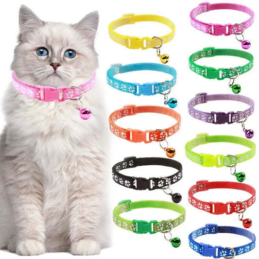 Pet Collar With Bell Cartoon Footprint Colorful Dog Puppy Cat Accessories Kitten Collar Adjustable Safety Bell Ring Necklace Pet