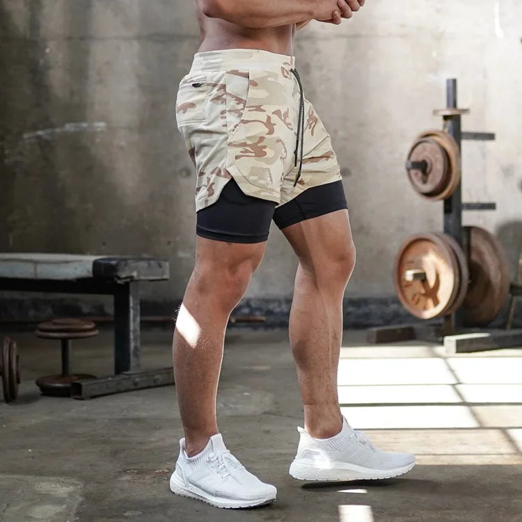 Pantalones cortos de camuflaje para correr, pantalones cortos deportivos para hombre, 2 en 1, de secado rápido, para entrenamiento, gimnasio, fitness, jogging, pantalones cortos de verano para hombre