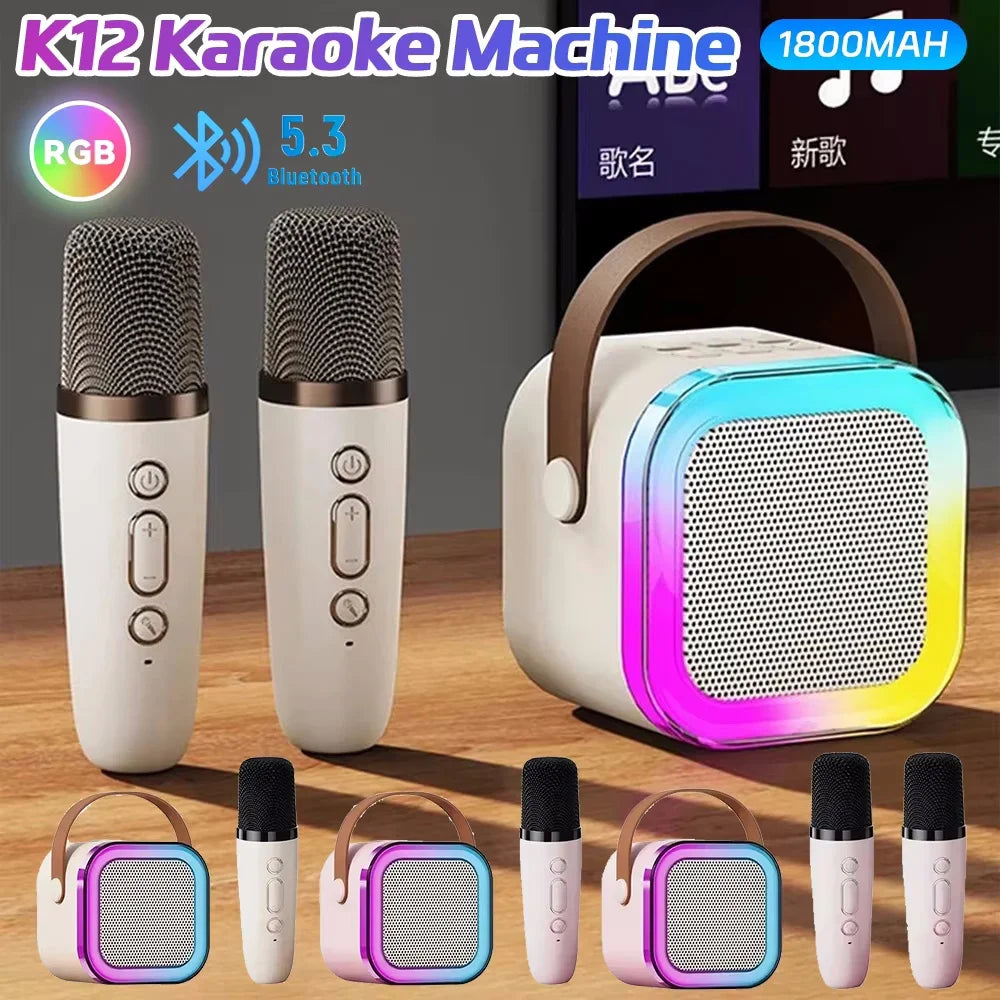 Máquina de karaoke portátil Bluetooth K12 con sistema de altavoces PA 5.3, 1 o 2 micrófonos inalámbricos, regalo para niños, para cantar en casa o en familia