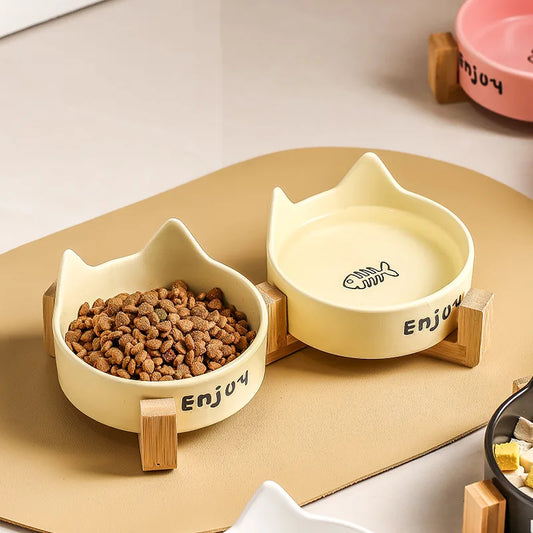 Ceramic Cat Bowl Wood Bowl Rack Dog Drinking Feeding Bowls Snack Canned Food Plate Anti-Tumble Pet Water Basin